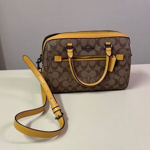 Coach Brown Signature Crossbody with Yellow Trim